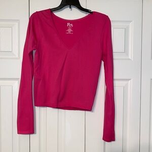Chic Hot Pink Ribbed Long Sleeve Crop Top